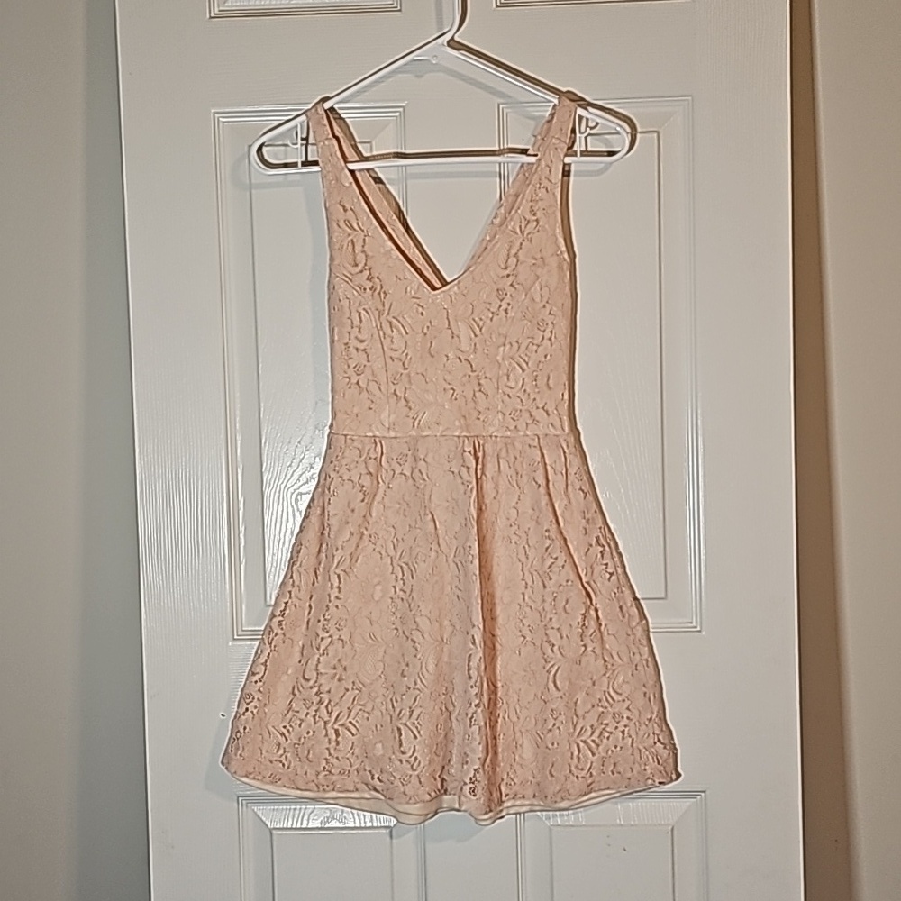 Miss Chievous Peach Lace Skater Dress Cross Back Sleeveless Lined Size S